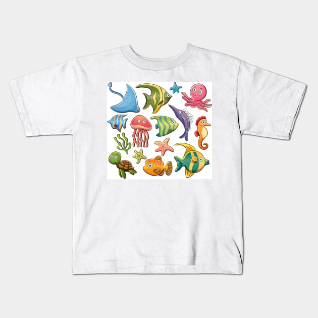 Sea Creatures Kids T-Shirt by longford